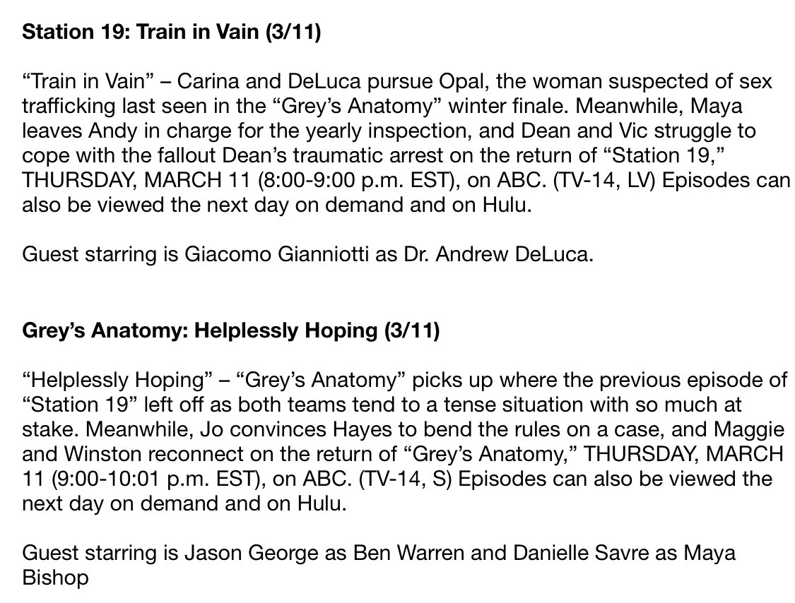 EPISODE PRESS RELEASES | #Station19  4.06
“Train In Vain” &amp; #GreysAnatomy 17.07 Helplessly Hoping”
Air Date: 03/11/2021