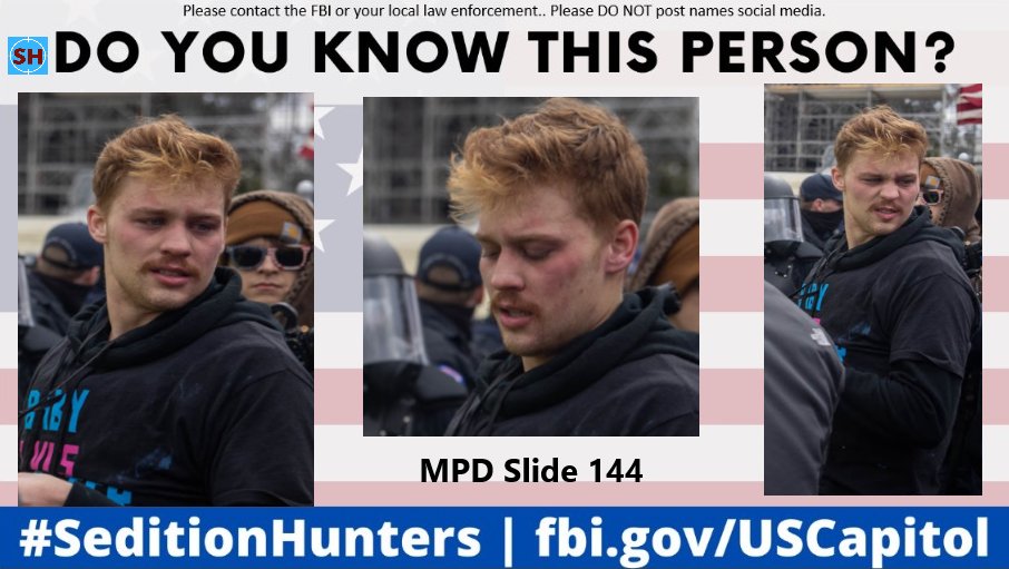 Please share across all platforms. Do you Know this person?? Please contact the FBI with MPD Slide 144 if you do! #SeditionHunters #DCRIOTS #CapitolRiots #Doyouknow Please DO NOT post names on social media #gingerlipbroom