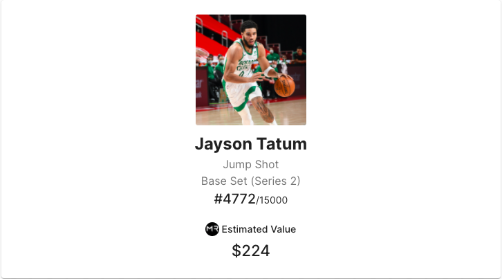 collectivexyz's tweet photo. MomentRanks GIVEAWAY 
Jayson Tatum Base Set (Series 2)
#4772/15000 (MR value $224)

REQUIREMENTS:
1. Must be following @MomentRanks
2. Like/RT the official launch tweet
3. Tweet out a screenshot of your current MomentRanks account value with #MomentRanks

Winner Chosen 2/24 https://t.co/fmYFYXROKl