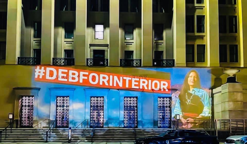 Navajo_Pride's tweet photo. MADAME SECRETARY 🇺🇸 

Photos from projections on the Integer Department Building in Washington, DC - we are behind you Debra Haaland ❤️ #SacredTogether #NewMexico https://t.co/riGt9dSG78