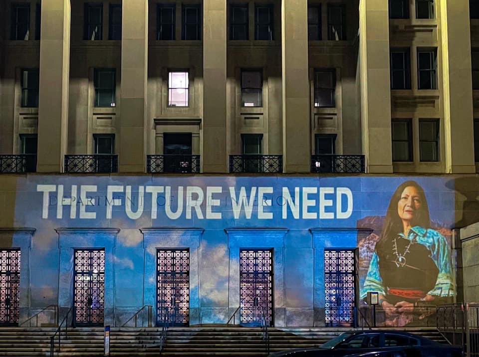 Navajo_Pride's tweet photo. MADAME SECRETARY 🇺🇸 

Photos from projections on the Integer Department Building in Washington, DC - we are behind you Debra Haaland ❤️ #SacredTogether #NewMexico https://t.co/riGt9dSG78