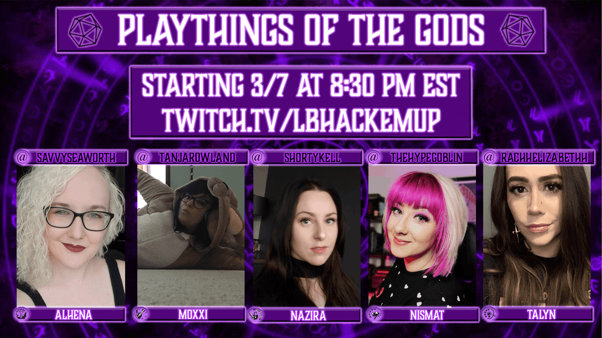 *New Game Announcement* 

I will be DMing a new game on my channel on Sunday nights starting on the 7th of March. It's a semi-homebrewed 5th Ed D&amp;D game with my lovely cast of ladies. 
Starring:
@savvyseaworth, <a href="/TheHypeGoblin/">Sara Roberts will be at Breakout Con & GenCon 2025</a>, <a href="/rachelizamess/">rachhelizabethh</a>, <a href="/TanjaRowland/">Tanja Rowland</a> , and Kelly!