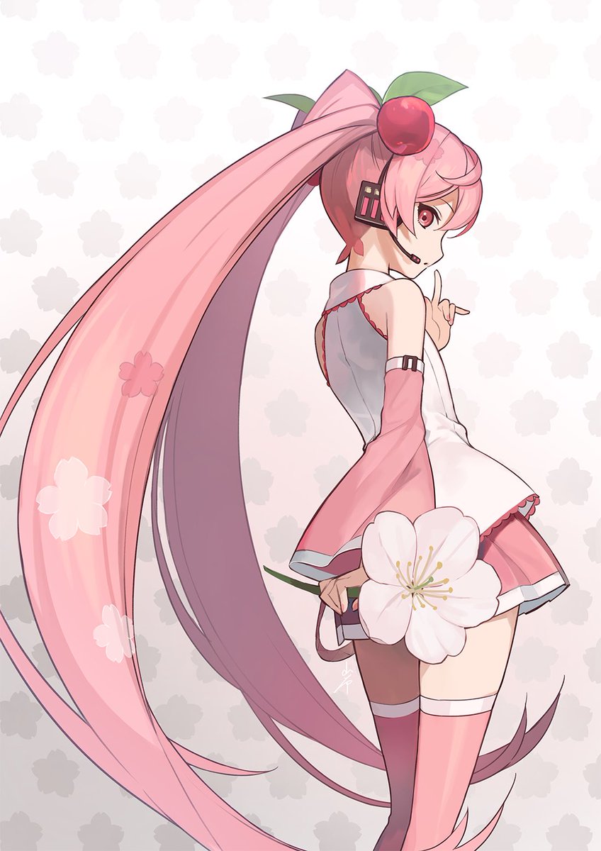 hatsune miku ,sakura miku 1girl solo long hair flower pink hair thighhighs detached sleeves  illustration images