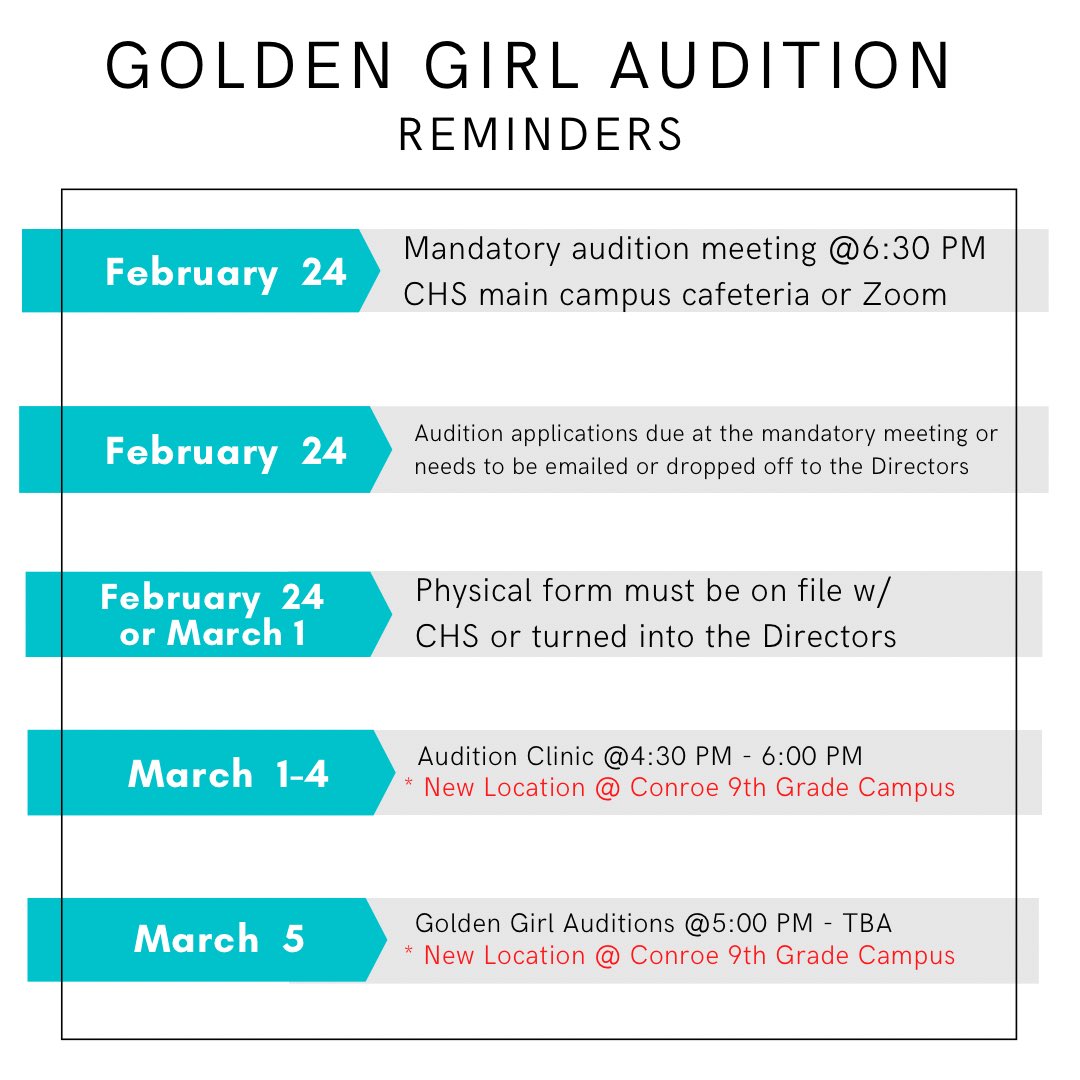 The zoom link for the mandatory meeting will be on the Golden Girls website under the auditions tab. Any questions, please email Ms. Lopez and Ms. Woods.