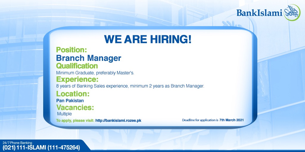 BIPLOfficial's tweet photo. We are looking for ideal candidates for the position of Branch Manager.
Kindly apply on the link below:
https://t.co/0WgZabZLmG
Last date for putting forward your application is: 8th March 2021
#Opport #Opportunity #BranchManager #Candidate #BankIslami https://t.co/dCSvjR0xsz