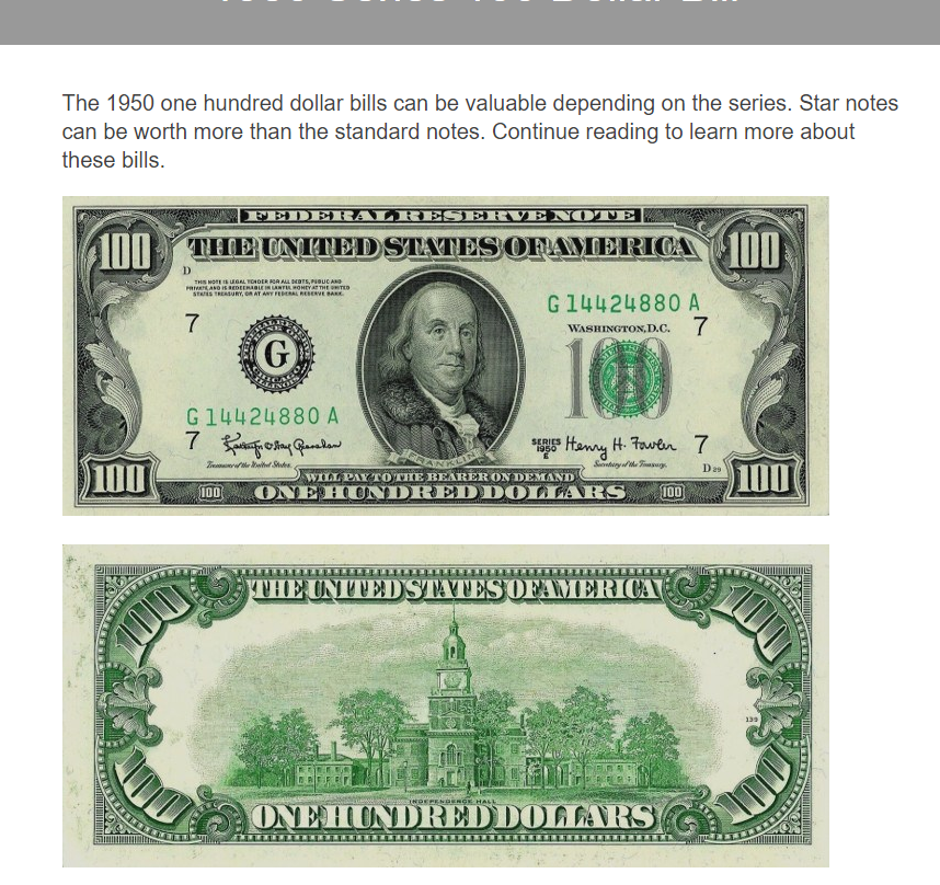 AFMack's tweet photo. I've been saving a 1950 $100 bill.

It's not perfect. Even if it was, it'd only be worth $300~.

If you calculate the inflation, it was worth $1,000 in the year it was made. Perfect bills don't even maintain value over time.

I just used it to buy Bitcoin. https://t.co/9p5X3UCmxH