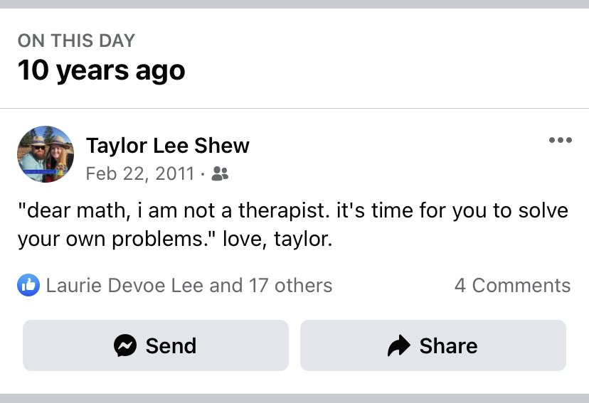 taylorleeshew's tweet photo. “dear math, i may be a therapist now, but my degree did not include you, therefore you will still need to solve your own problems.” Oh, yeah, 16 year old me is a liar. I hate you. Taylor https://t.co/EISIbj1yn8