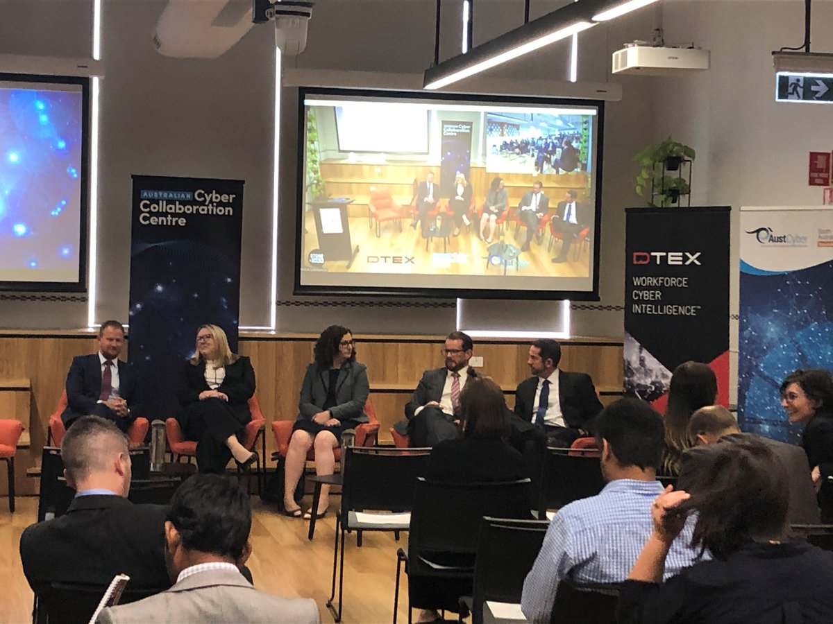 AUCyberCollab's tweet photo. The Cyber Panel discussion is underway over at @stoneandchalk @LotFourteen with our esteemed panel; 
@CSCRCoz @rachael_falk 
@Telstra @narelle_devine 
@Splunk Richard Metcalfe
@MITRE Dr Deanna Caputo
@ASD @ACSC Trent Scott 
@DtexSystems   
@marshall_steven 
@AusAmbCyberTech https://t.co/Q5EaIOuouZ