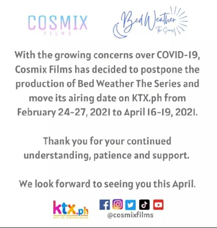 CosmixFilms's tweet image. Having spent the past months preparing for the web series, the production postponement and rescheduled viewing are the only responsible course of action at this time as we take the health and safety of our artists and the staff very seriously.