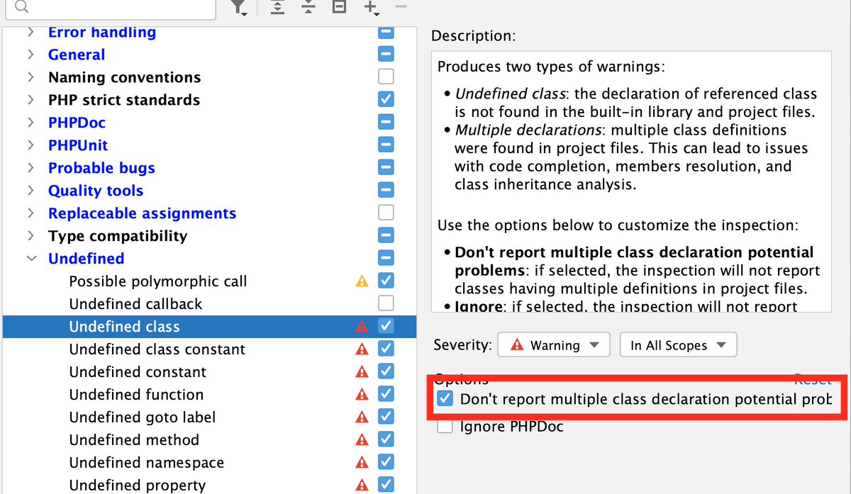 If you're using @phpstorm for a @laravelphp project together with the IDE helper (you should), you'll get warnings about duplicate classes because model definitions are stored in the model class, but also in the IDE helper files. You can disable these warnings here: