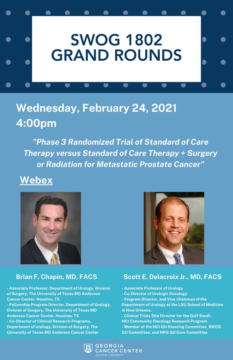 Zach Klaassen (@zklaassen_md) on Twitter photo We're excited to welcome <a href="/ChapinMD/">Brian F. Chapin</a> and <a href="/UroCancer/">Scott E Delacroix Jr M.D.</a> virtually to the <a href="/GACancerCenter/">Georgia Cancer Center</a> on 2.24.21 for grand rounds to discuss the important SWOG 1802 clinical trial
#ProstateCancer <a href="/mcg_urology/">MCG Urology</a> <a href="/MCG_Surgery/">MCG Surgery</a> <a href="/SWOG/">SWOG Cancer Research Network</a> We're excited to welcome <a href="/ChapinMD/">Brian F. Chapin</a> and <a href="/UroCancer/">Scott E Delacroix Jr M.D.</a> virtually to the <a href="/GACancerCenter/">Georgia Cancer Center</a> on 2.24.21 for grand rounds to discuss the important SWOG 1802 clinical trial
#ProstateCancer <a href="/mcg_urology/">MCG Urology</a> <a href="/MCG_Surgery/">MCG Surgery</a> <a href="/SWOG/">SWOG Cancer Research Network</a>