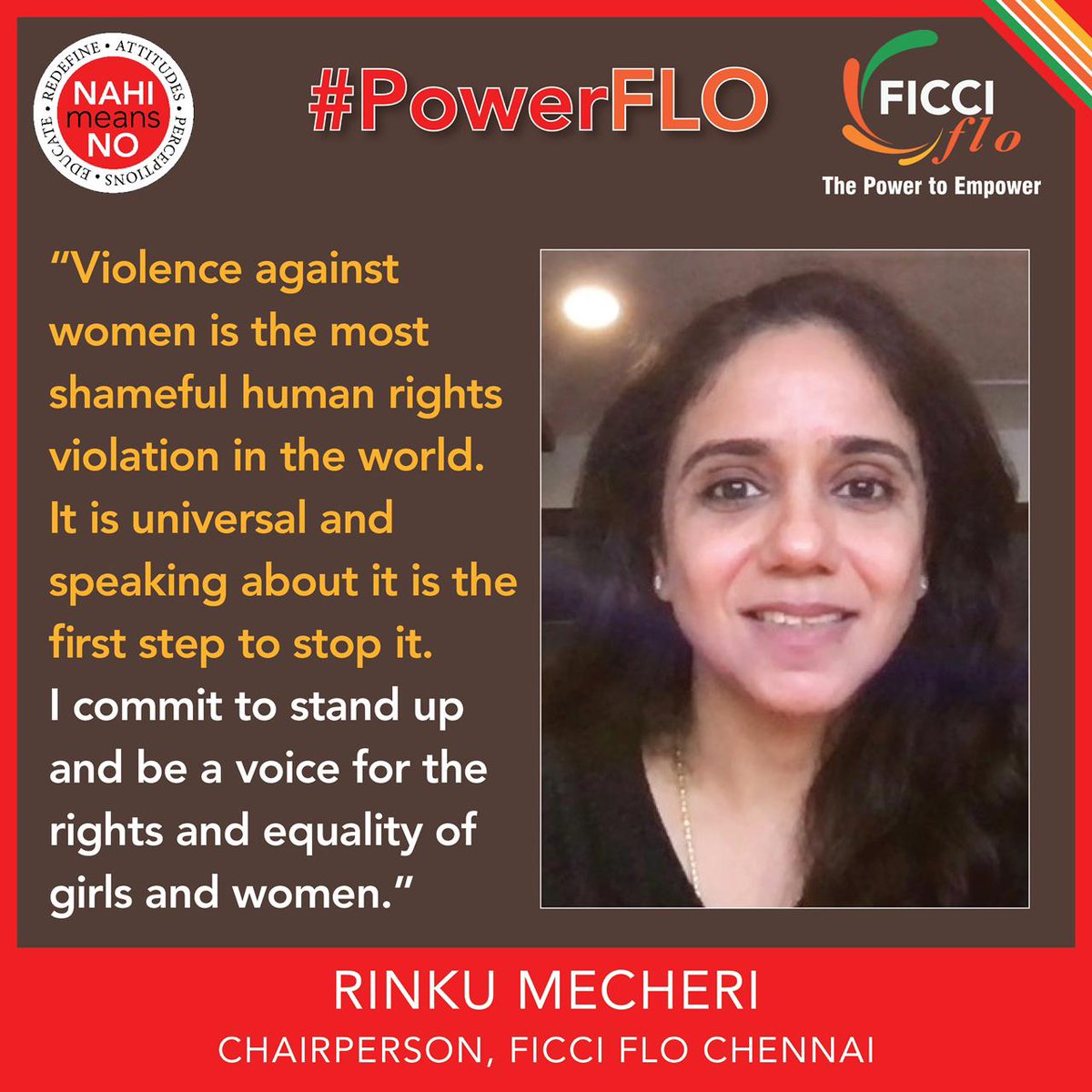 FICCIFLO's tweet photo. "Gender Based Violence defeats our basic human rights."

Rinku Mercheri @PunjabiMami, Chairperson, FLO Chennai, raising her voice in unison against Gender-Based Violence, with @nahimeansno. #PowerFLO #OneFLO #NahiMeansNo #GenderEquality #FicciFLO #EmpoweringWomen #flochennai https://t.co/HCCWXkDnPU