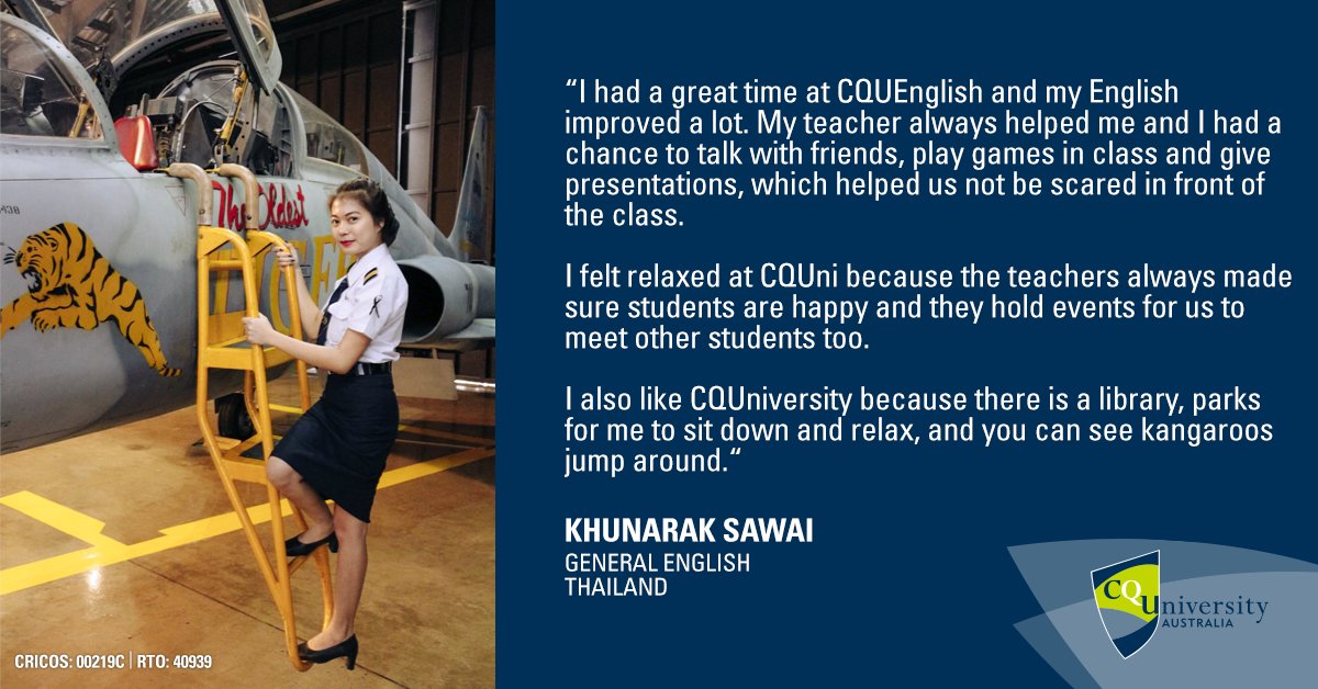 CQU's tweet photo. Khunarak aspires to be a pilot and decided to improve her English at our CQUEnglish Language Centre before commencing studies in #aviation.
Explore our CQUEnglish courses and pathways: https://t.co/U4EwYWvkvr #CQUInternational #ELICOS https://t.co/g7CYXB6953