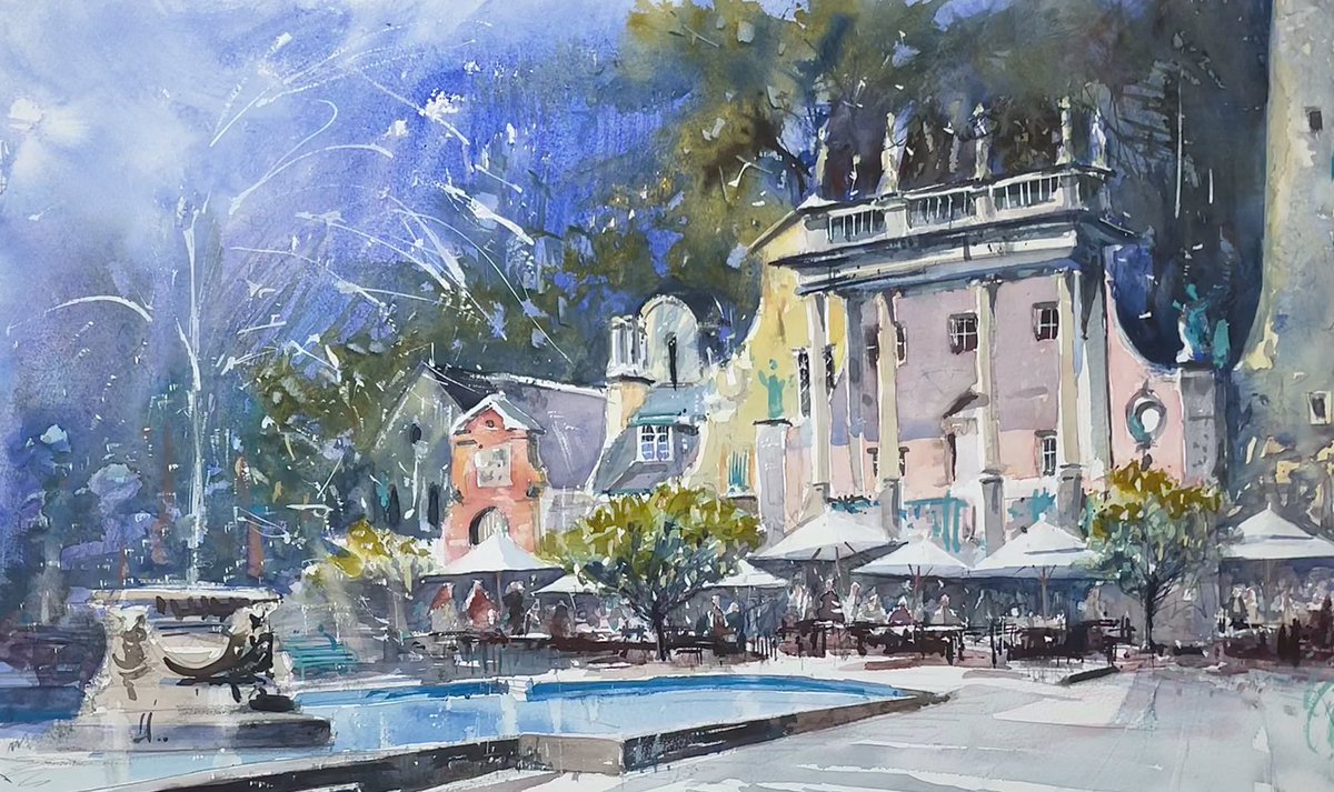 Stages from my watercolour, Central Piazza at Portmeirion. Unusually I did the background last as it is the darkest part. I like the pencil stage best! Painted on a full sheet of Millford paper with Schminkcke watercolours #portmeirion #wales #watercolour #artistsontwitter