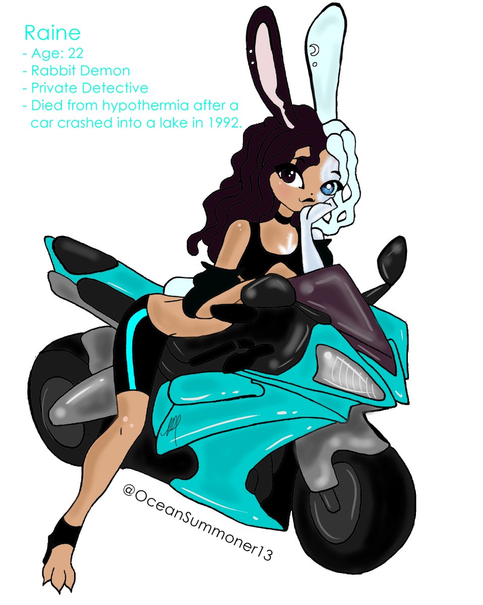 OceanSummoner13's tweet image. Repost of my #HHOC! I updated her design a lot! The last image I posted, was not my best. It was rushed and I wanted to improve.
 #HazbinHotelOC #HazbinHotel #HazbinHotelFanart 
🐰🏍️🔎