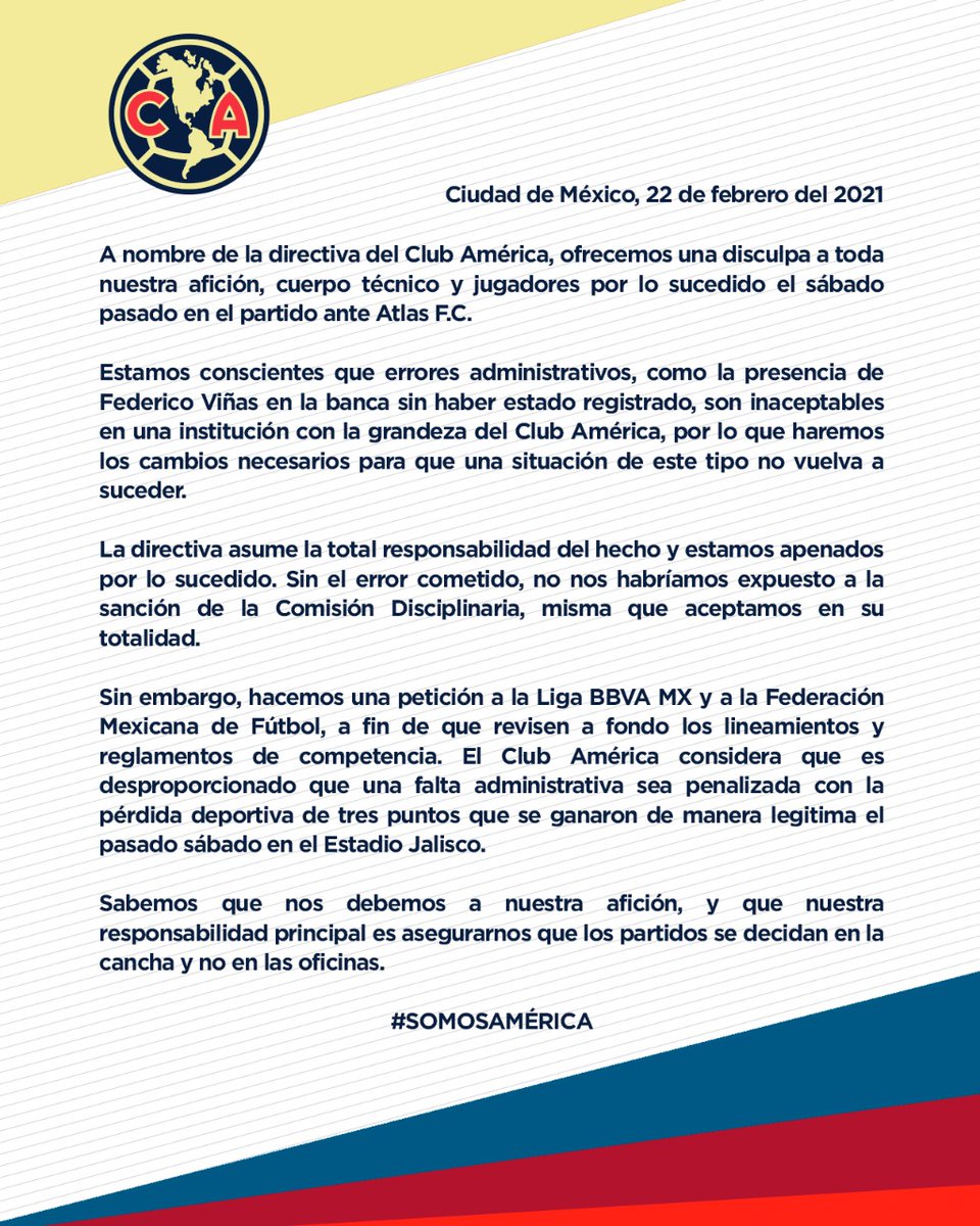 📝 Comunicado oficial:
Club América informa sobre fallo de #ComisiónDisciplinaria 

#SOMOSAMÉRICA