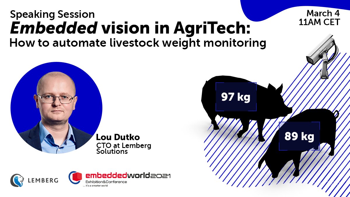 WeAreLemberg's tweet image. One of Lemberg’s biggest agricultural clients, Barkom, had to weigh pigs in a burdensome manual way. Our engineers developed a technology that automated the weight measurement process. Join us at 11:00 AM CET on March 4 at #EmbeddedWorld2021 via embedded-world.de/en for more.