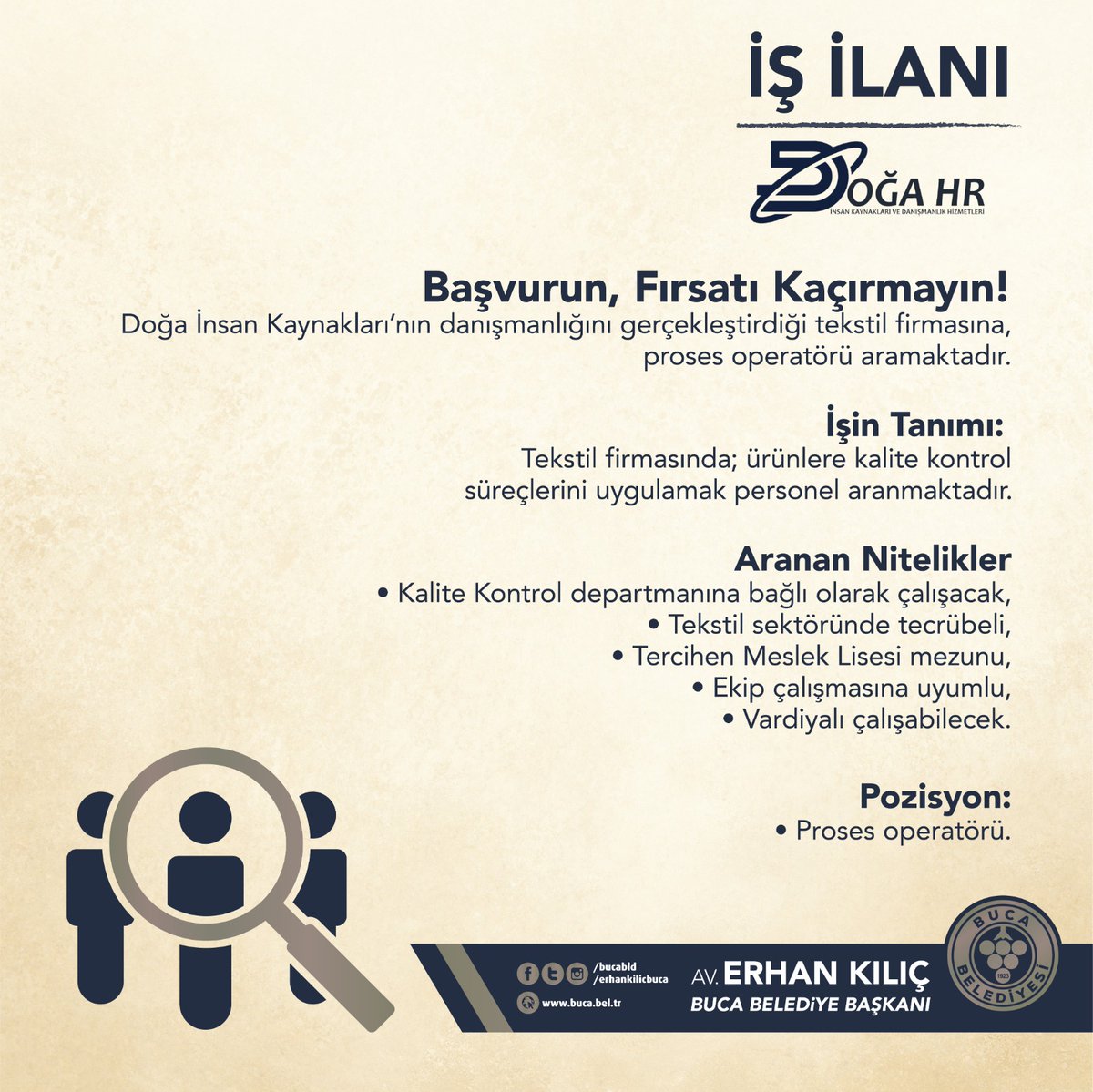 BucaBld's tweet photo. 📌Doğa HR firması, çalışma arkadaşları arıyor. 📣

📌Adayların, 24 ve 25 Şubat tarihleri arasında mesai saatleri içerisinde Buca Belediyesi Hizmet Binas�� zemin katta bulunan Bucatim İstihdam Masası’na başvuruda bulunmaları gerekmektedir. https://t.co/C3WwtGMpfe