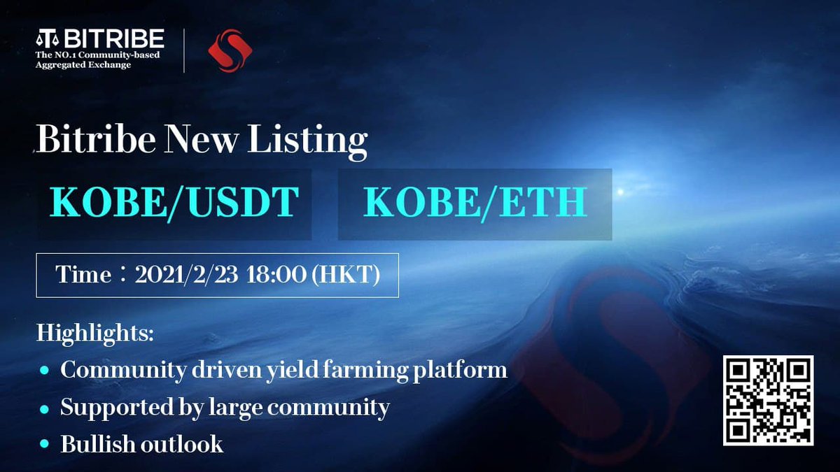 Bitribeofficial's tweet image. New #Bitribe Listing : KOBE/USDT and KOBE/ETH

Bitribe will list $KOBE token against the USDT and ETH trade Pairs.
@shabufinance is a community driven yield farming project.

$KOBE is supported by a large community.

Trade - 2021.2.23 18:00 (HKT)

Happy trading ~

@Sky201805