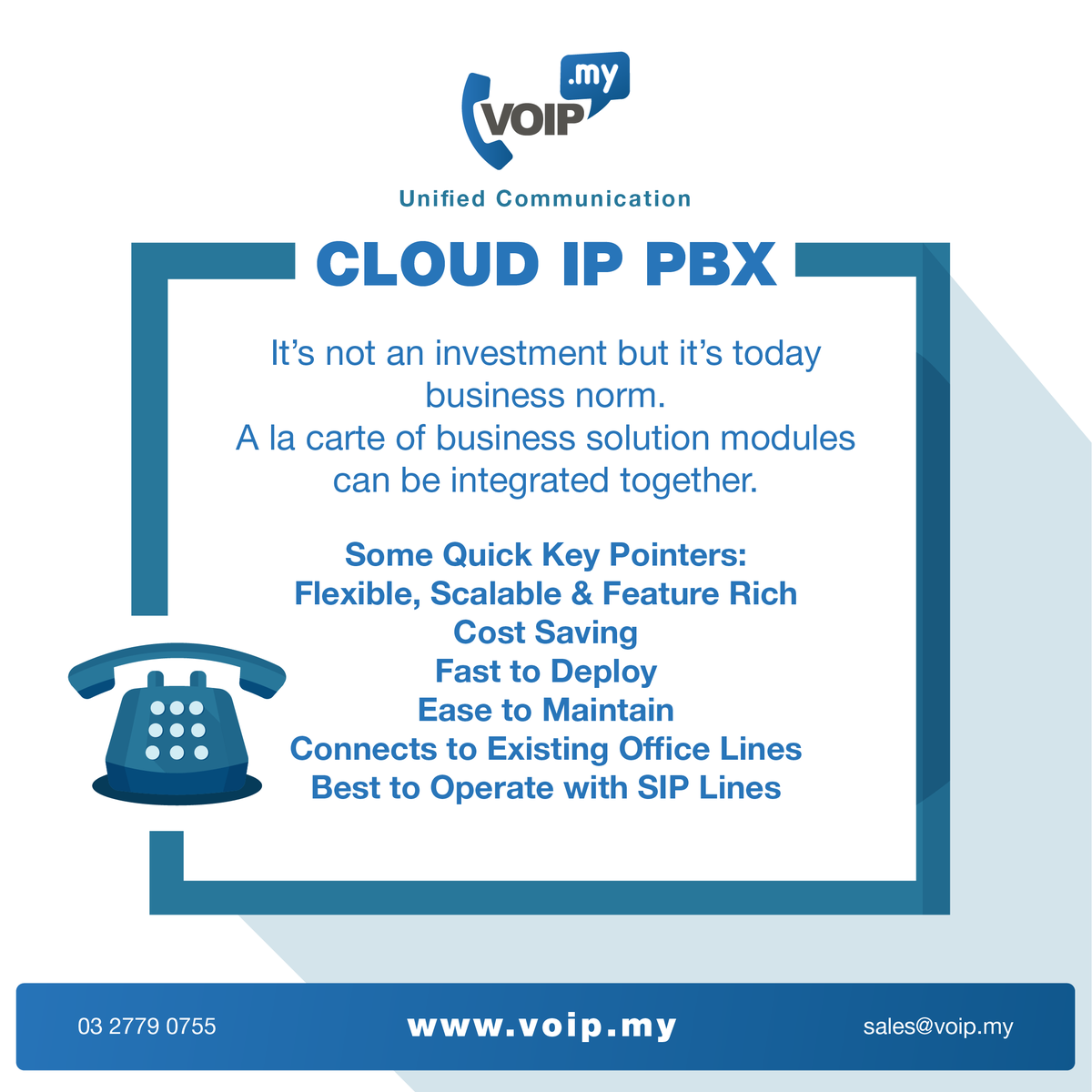 voipdotmy's tweet photo. Why you should consider Cloud PBX (Hosted PBX)? 
Reduce your CAPEX and keep control of your copmpany telephony charges by using Cloud PBX.

Check out what we can offer for you in this month https://t.co/newLddwqIi

#cloudphonesystem #hostedpbx #cloudpbx #rm1ipphone https://t.co/ikdGL15z0U