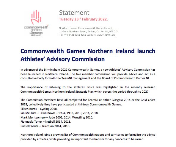 In advance of Birmingham 2022 Commonwealth Games, a new Athletes’ Advisory Commission has been launched. The 5 member commission will provide a consultative body for TeamNI. 

Read the full statement including quotes from all five members at our website teamni.org/news/athletes-…