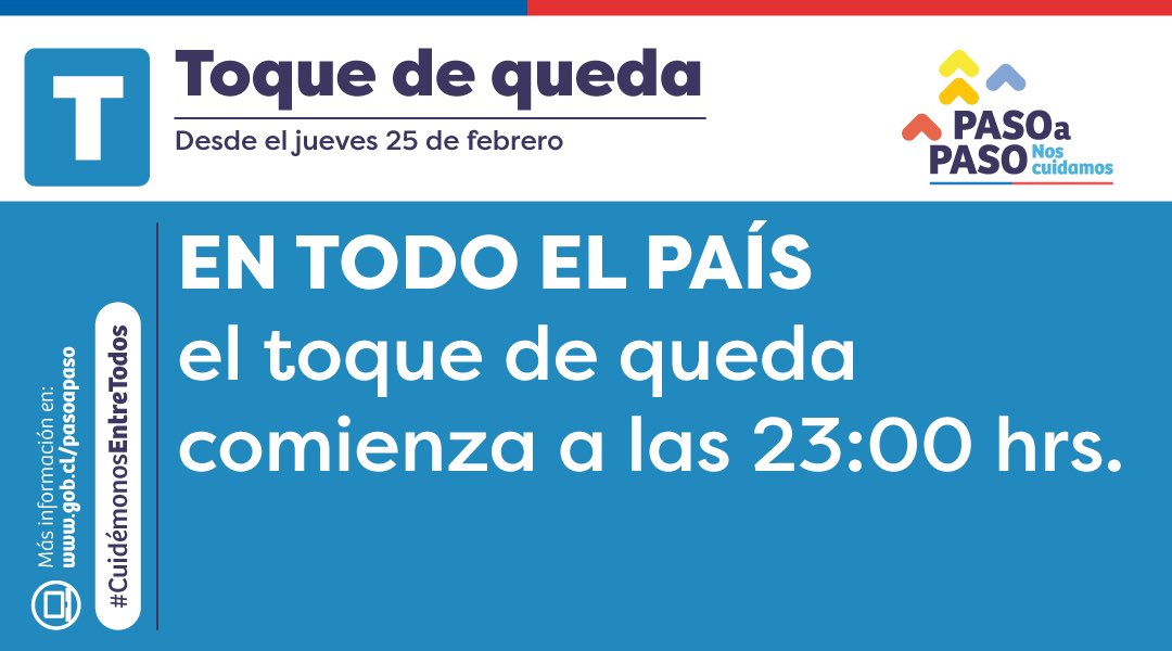 DPPCordillera's tweet photo. #BuenMartes vecinos de la #ProvinciaCordillera. Recuerden que 
a partir de este jueves 25 de febrero, el toque de queda comienza a las 23:00 horas y finaliza a las 5:00 horas del día siguiente. 🕛🕔
Para más información ℹ️ , visiten 💻https://t.co/6ypl3MSclT https://t.co/S4VdWyOrP7