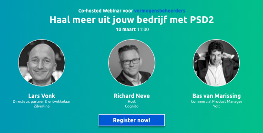 Woensdag 10 maart hosten we ons laatste Nederlandstalige webinar over PSD2. Samen met Yolt Technology Servies, laten we zien waar de échte toegevoegde waarde ligt in PSD2 voor vermogensbeheerders.

Geef je hier op: buff.ly/2ZGUrfk