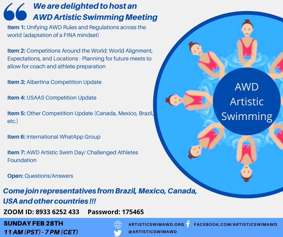 JOIN US! 
For an upcoming discussion about Athletes w/Disabilities (AWD) Artistic Swimming Nat'l &amp; Int'l competitions, etc. Sunday, Feb 28th, 11amPST/7pmCET