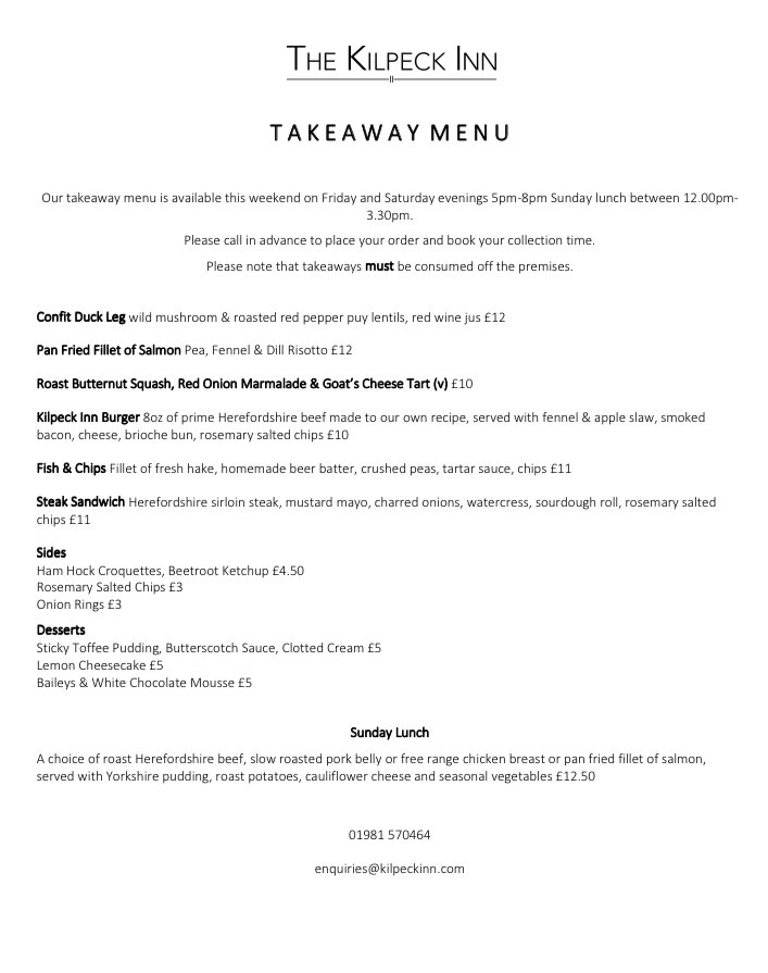 New takeaway menu! Friday-Saturday 5pm-8pm, Sunday 12pm-3.30pm. Just let us have your order and we’ll do the rest!