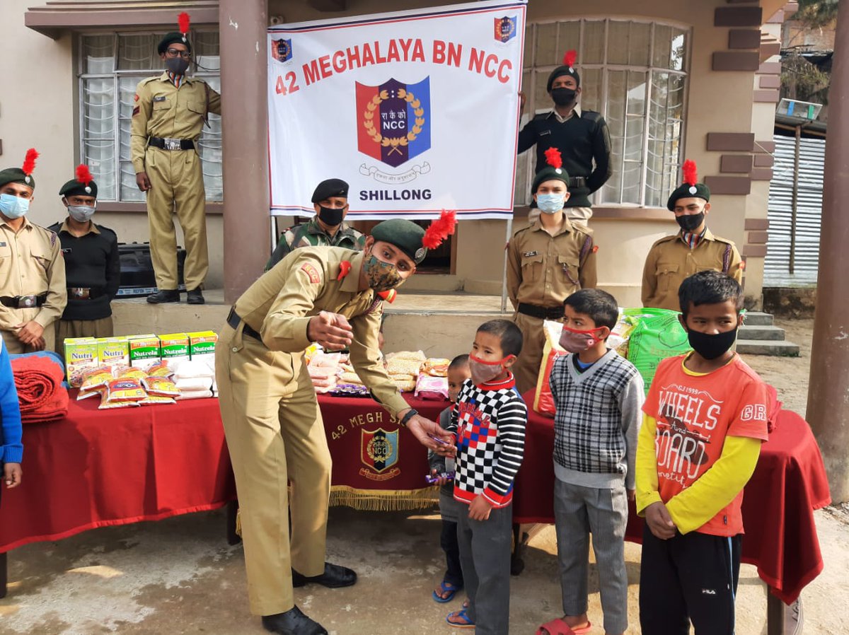 HQ_DG_NCC's tweet photo. #NationalCadetCorps 
As part of Social Service &amp; Community Devp activities, 42 Meghalaya Bn NCC Shillong donated essentials to "Reach Shillong Ministries", an org for street children in city. The cadets interacted with children &amp; distributed sweets &amp; chocolates.
@SpokespersonMoD https://t.co/vMSlBvQSr6