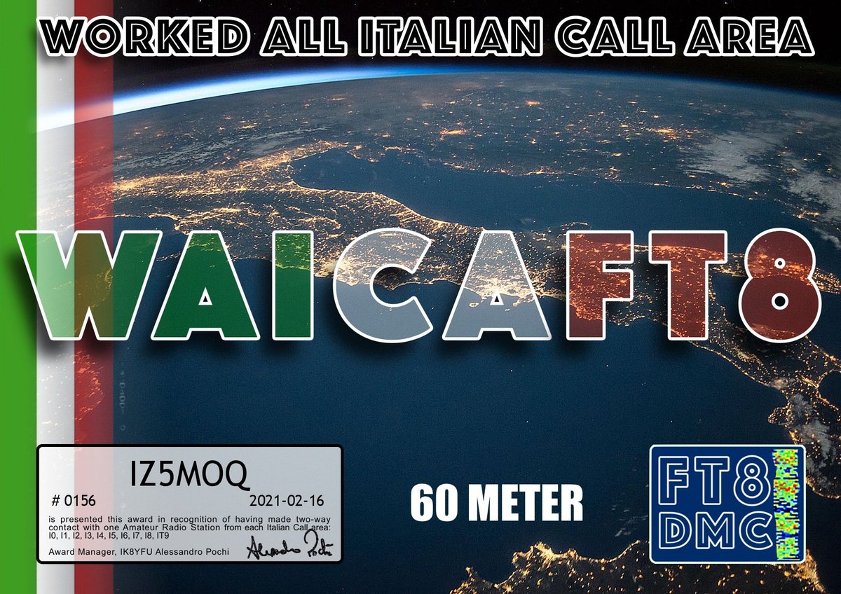 W6MOQ's tweet photo. [#FT8DMC 📬] ✅ #WAICA 6️⃣0️⃣
Worked All #Italian Call Area 🇮🇹

 #Italy ☀️ https://t.co/IjmmgQEvkY