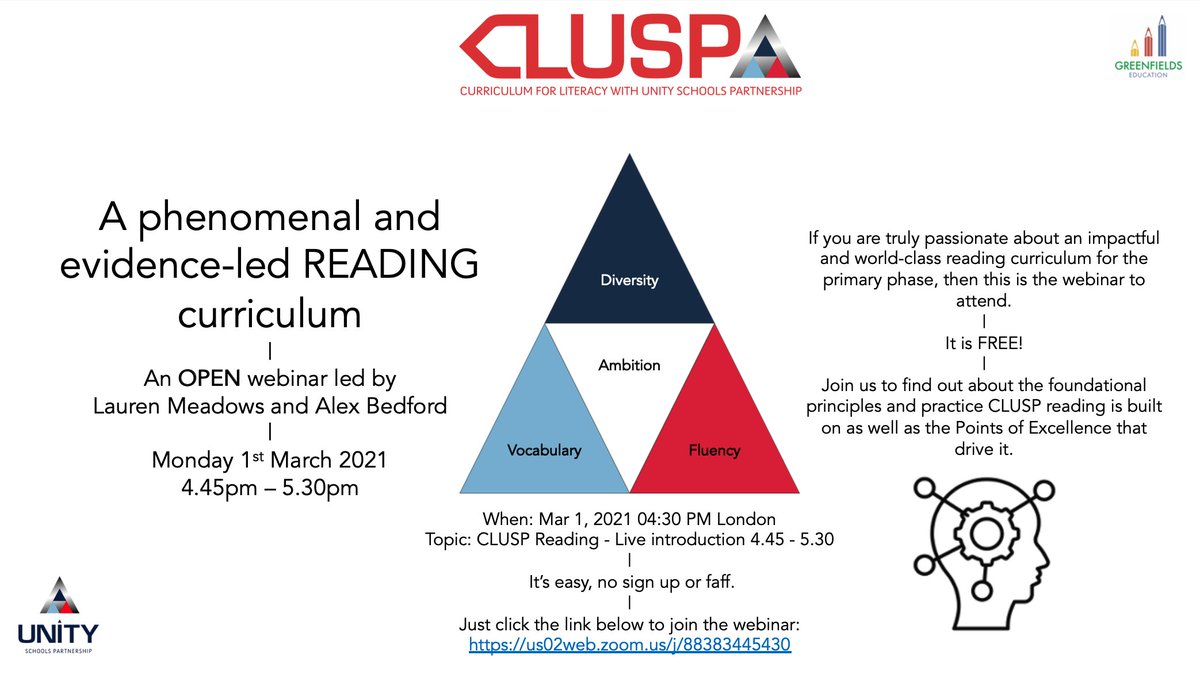 If READING is your thing &amp; you have ambition for excellence, then this free webinar introducing our evidence-led READING curriculum is for you. Monday 1st Mar 4.30-5.30. Copy the link &amp; click to join us. Everyone is welcome. us02web.zoom.us/j/88383445430 
<a href="/GreenfieldsEdu/">Greenfields Education</a> <a href="/MaryMyatt/">Mary Myatt</a>