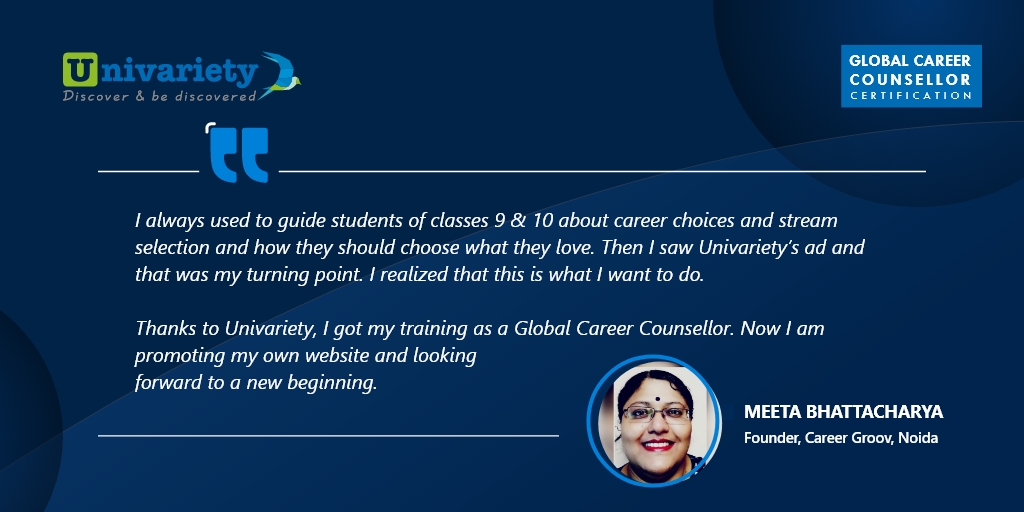 New beginnings need not be planned, they happen one fine day when passion knocks at your door! 

Meeta Bhattacharya, Founder, Career Groov, Noida, who found her true calling by spotting a Global Career Counsellor Ad! 
Discover your true potential - bit.ly/3ke62f0