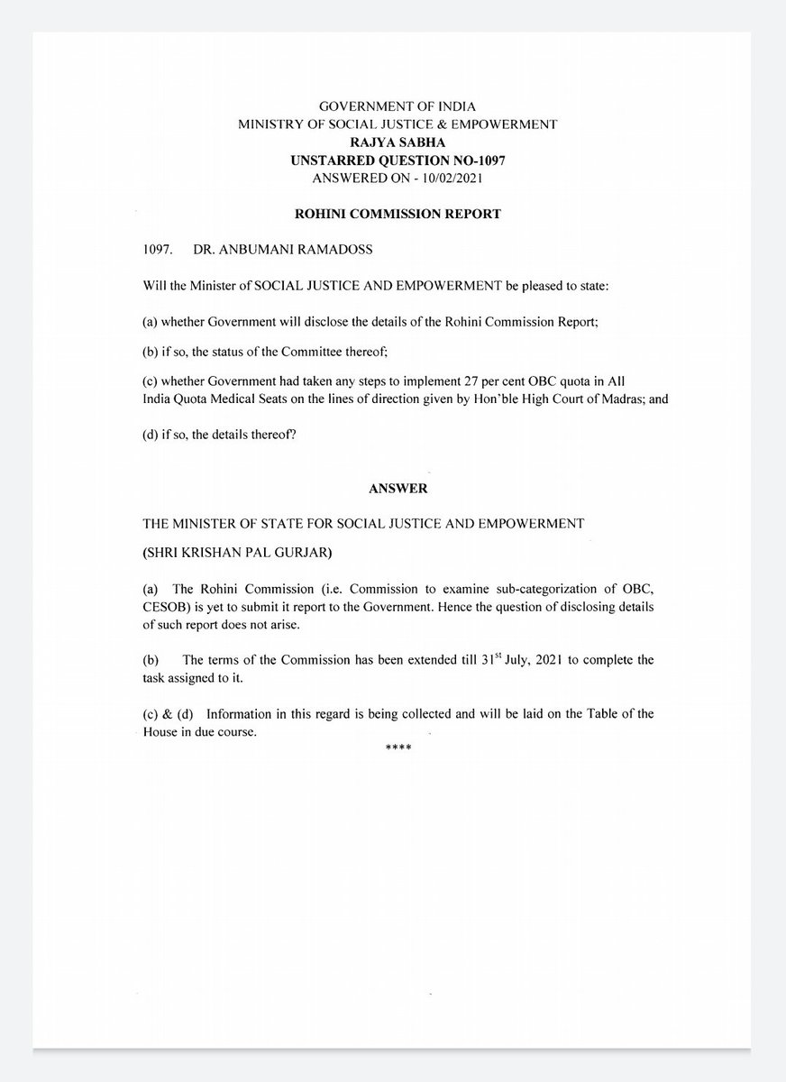 obc_forum's tweet photo. OBC SUB CLASSIFICATION:-  ROHINI COMMISSION DEADLINE EXTENDED UPTO JULY 31 OF 2021. SOCIAL JUSTICE STATE MINISTER KRISHNAN PAL GUJAR RESPONSE TO THE QUESTION OF PMK MP DR ANBUMANI RAMADOSS.
#OBC #ANBUMANI #RAMADOSS #ROHINI_COMMISION https://t.co/UrDLr6ge9G