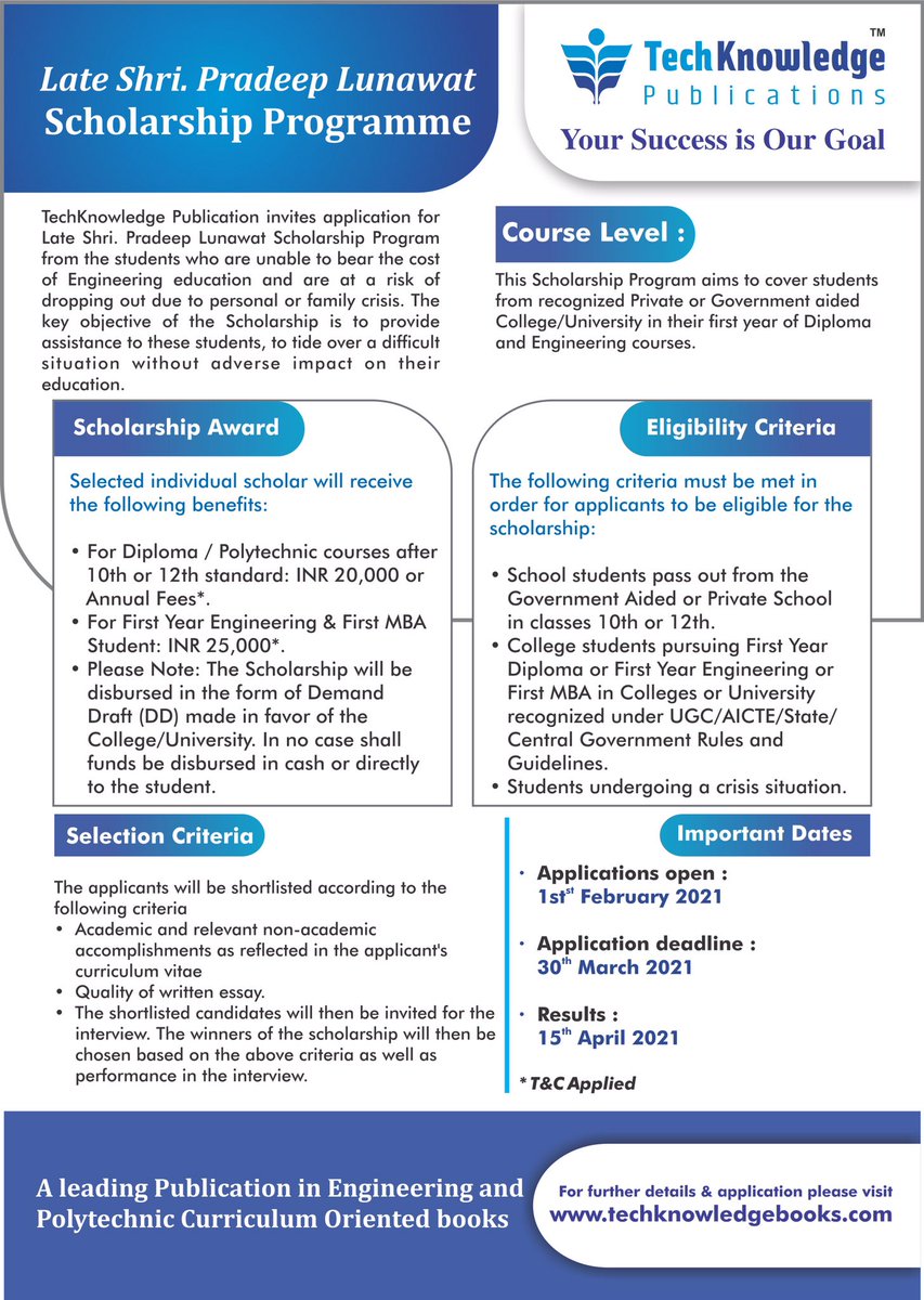 TechknowledgeP's tweet image. We understand Covid has affected many students education goals. We  never want students to dropout due to financial crisis. We invite students to apply for Late shri. Pradeep Lunawat Scholarship applications. techknowledgebooks.com/scholarship/