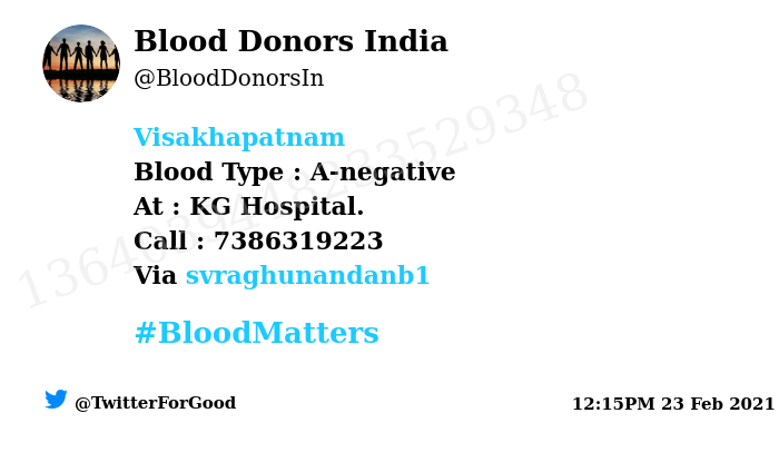BloodDonorsIn's tweet photo. #Visakhapatnam
Need #Blood Type :  A-negative
At : KG Hospital. 
Blood Component : Blood
Number of Units : 3
Primary Number : 7386319223
Via: @svraghunandanb1
#BloodMatters
Powered by Twitter https://t.co/XYfvE3md48