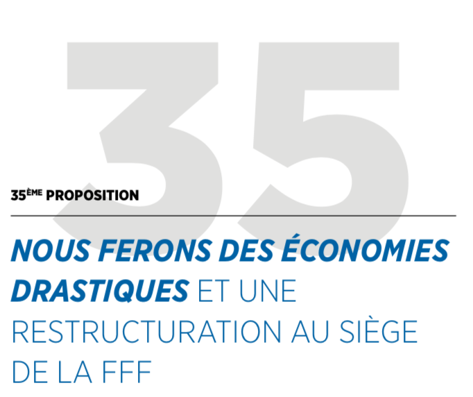 📣 [GOUVERNANCE – PROPOSITION N°35] 
⚽ Faire des économies drastiques et une restructuration au siège de la FFF
▪️Transformer le management du football français
▪️Économies sur les salaires et le nombre de salariés

#casuFFFit #insuFFFisance #deFFFi #FFF #ruptureutile