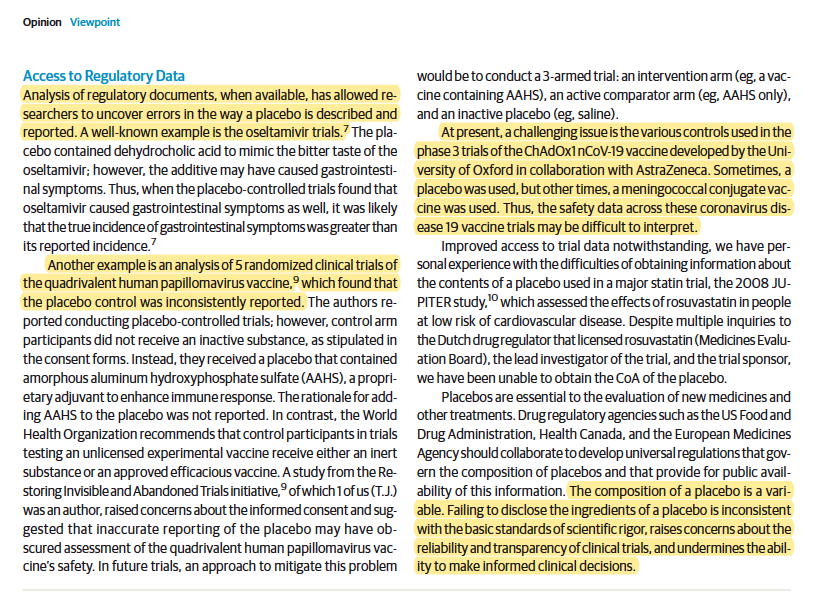 My new Op Ed with Tom Jefferson in <a href="/JAMAInternalMed/">JAMA Internal Medicine</a>. 
PLACEBO: Failing to fully disclose the contents of a placebo is inconsistent with basic standards of scientific rigor, and undermines transparency and the ability to make informed clinical decisions. jamanetwork.com/journals/jamai…