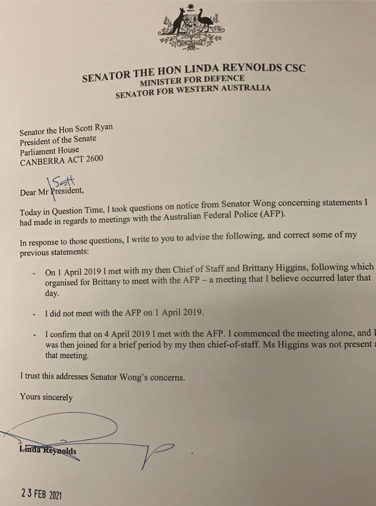 BREAKING: Defence Minister @lindareynoldswa forced to clarify her answers after she told the Senate - falsely - that she had met with the AFP on April 1 with Brittany Higgins @newscomauHQ she also said were two meetings but this suggests was one