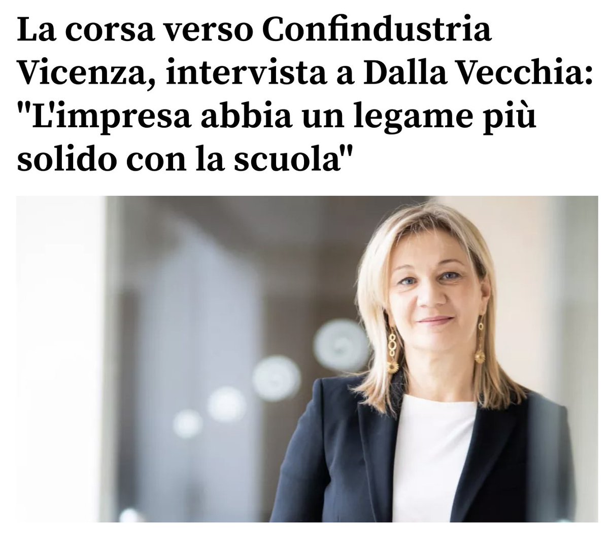 Ecco l'intervista fattami da <a href="/nordesteconomia/">nordesteconomia</a> sulle elezioni del Presidente di <a href="/ConfindustriaVi/">ConfindustriaVicenza</a> 
lnkd.in/e3CJjHR

#conlauraperleimprese #confindustriavicenza