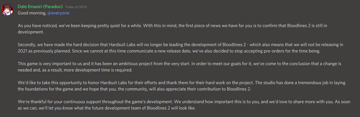 Vampire: The Masquerade - Bloodlines 2 Unlikely to Release in First Half of  2021