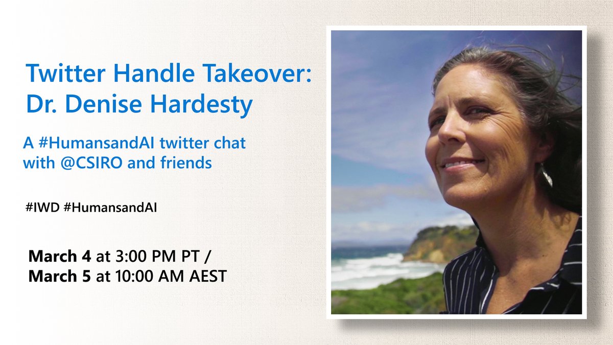 MicrosoftANZ's tweet image. Join our #HumansAndAI community Twitter Chat to connect with Dr. Denise Hardesty and her team at @CSIRO on 5th March at 10:00AM (AEST)