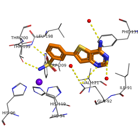 Snapshot of Sarah's structure of human carbonic anhydrase with OSM-S-106 bound, identifying key interactions. Can compare with <a href="/macinchem/">Chris Swain</a>'s homology model of the plasmodium protein, which is more difficult to crystallise. <a href="/thesgconline/">Structural Genomics Consortium (SGC)</a> github.com/OpenSourceMala…