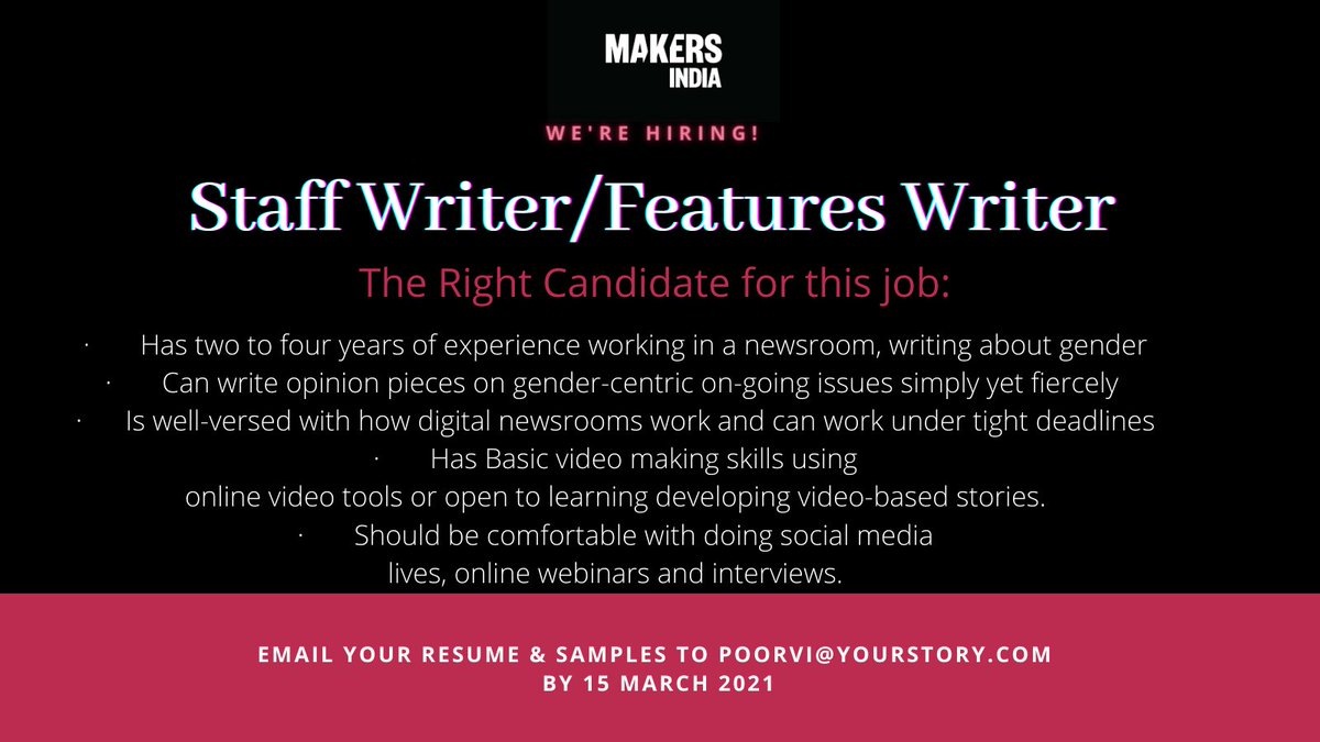 PoorviGupta08's tweet photo. @MakersWomenIN is looking for a #FeaturesWriter - If you have 2-4 yrs of exp. covering gender issues. If you have a way with words, are articulate, and can present your opinion fiercely yet sensitively then do email your CV at poorvi@yourstory.com #JournalismJobs https://t.co/xUecOkZqZN