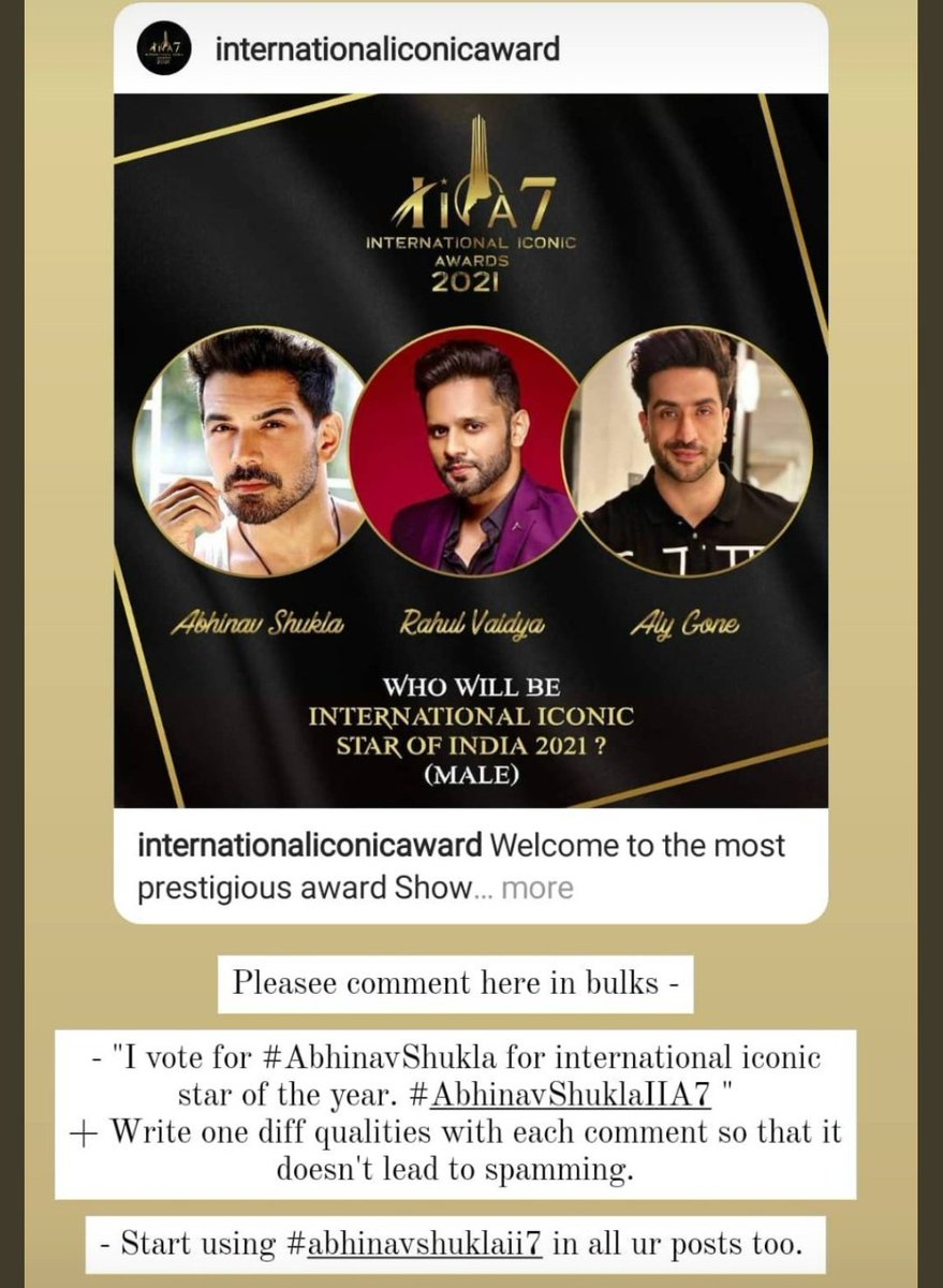 ganatra_namrata's tweet photo. Hello to all Abhi admire

     Plz go to instagram nd search internationaliconicaward page nd vote for our champ abhi. Give your support to one of the most deserving person plz. It means a lot if u can do in bulk for him. 
Thank u in advance.
#AbhinavShukla 
@ashukla09 https://t.co/m8RtS530oA