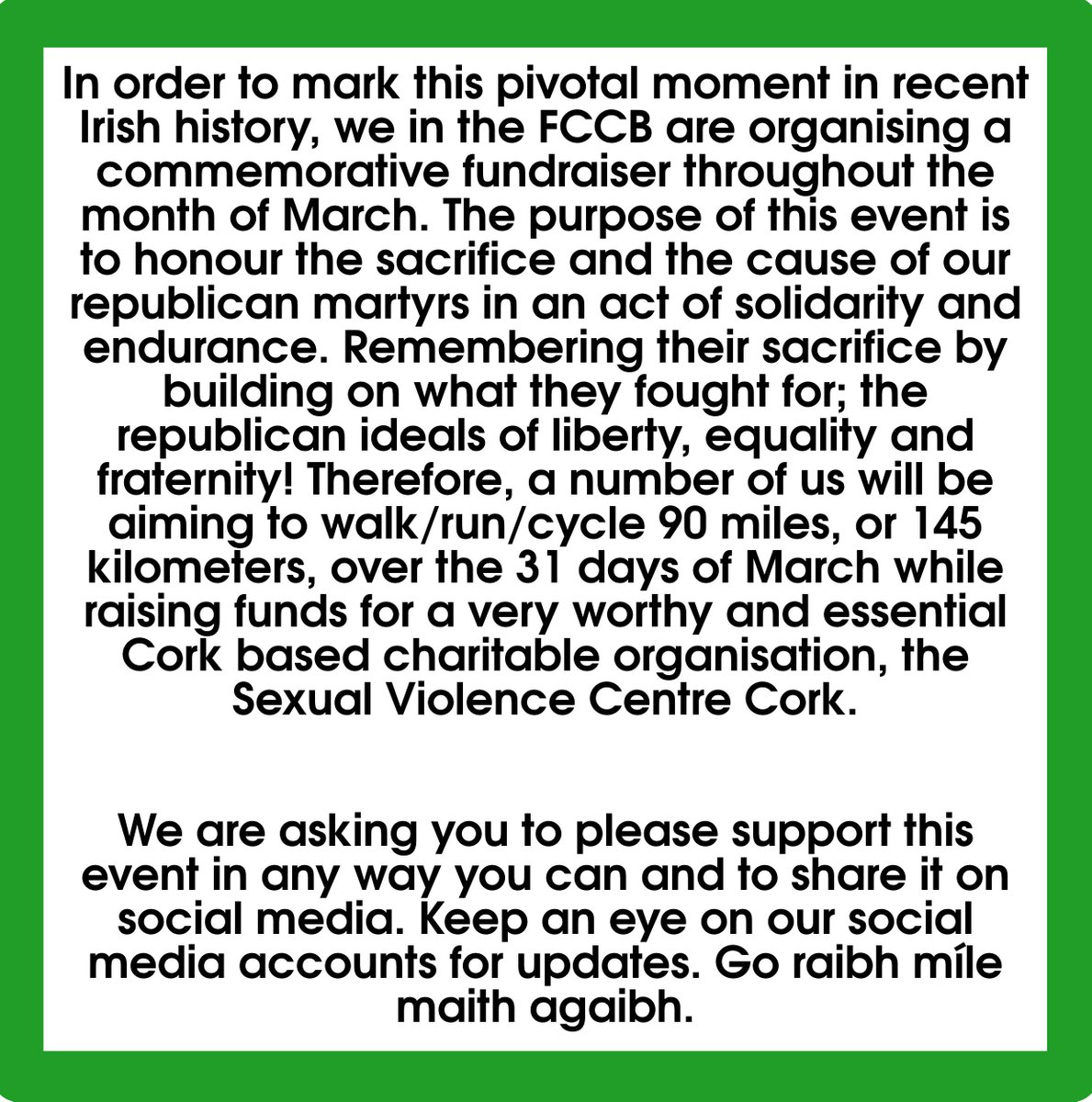FCCB_CCFC84's tweet photo. **90 MILES IN MARCH COMMEMORATVE FUNDRAISER**
Details on how to donate will be posted over the coming days.

#CCFC84 #FCCB #OursIsARebelFlag #1981HungerStrike https://t.co/ox3bzEg6DU