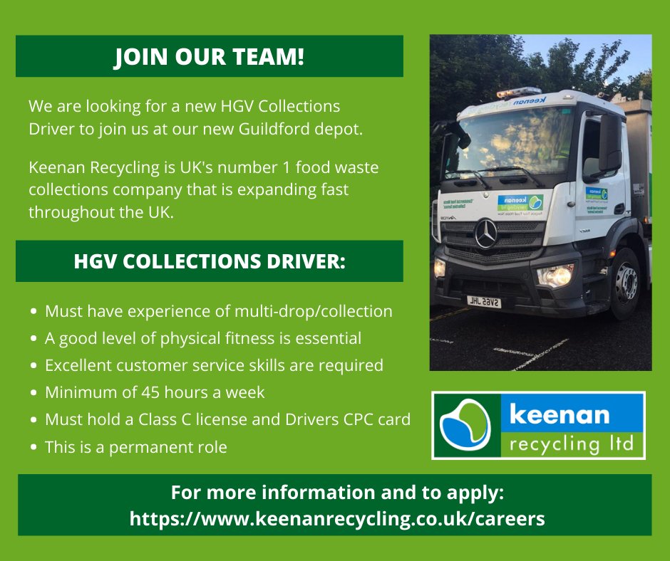 We’re still looking for a HGV Class 2 driver for our new depot in Guildford. Do you have experience in multi-drop collections and strong customer service skills? Apply on our website to become a part of our growing team: keenanrecycling.co.uk/careers/driver…
