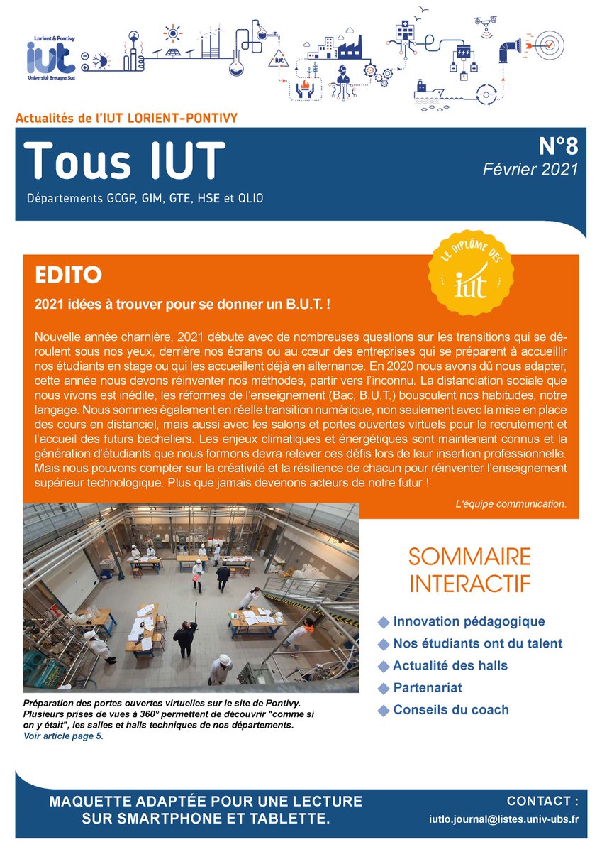 Le TOUS IUT N°8 est disponible 🤩 ! Pour lire le numéro c'est par ici : www-iutlorient.univ-ubs.fr/_attachments/j…

Vous avez manquez les numéros précédents ? Tous les numéros sont consultables à cette adresse :  www-iutlorient.univ-ubs.fr/fr/l-iut/en-br… 
Bonne lecture 😁! #tousiut #journal #lectureenligne