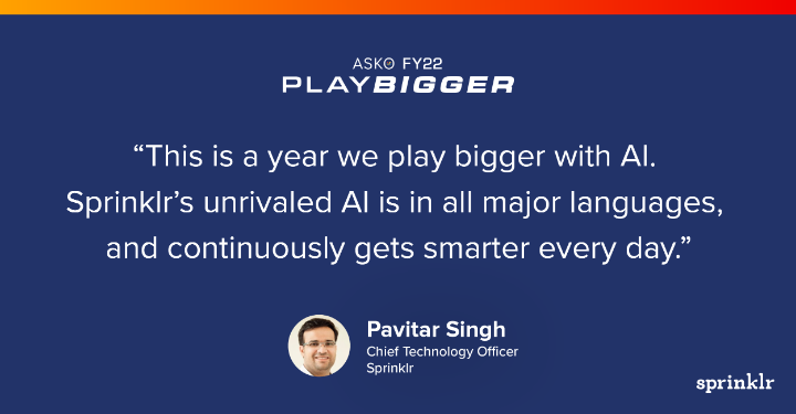 lilly1318's tweet photo. At our annual sales kickoff, CTO @psingh spoke about how this year, @Sprinklr is playing bigger with #AI and accelerating the way we're helping brands take #CXM to the next level. #SprinklrPlayBigger https://t.co/3FEVlgJpF2