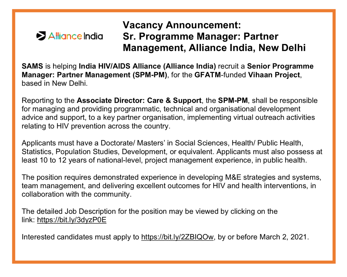 SAMSJobs's tweet photo. Vacancy Announcement: Sr. Programme Manager: Partner Management, Alliance India, New Delhi
Pl visit https://t.co/w4uHPtdXsu for the detailed JD.
#developmentsector #publichealthsector #projectmanagement #partnermanagement
#hivaids #hivprevention #virtualoutreach #vihaanproject https://t.co/pKW8KEFjqN